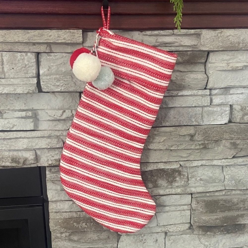 Hearth & Hand Red-White Striped Holiday Christmas Stocking Linen Blend